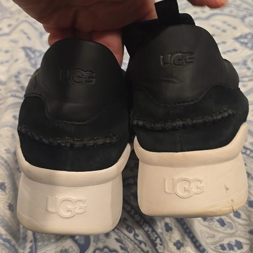 Like New UGG Black Slip-On Shoes with Logo Strap